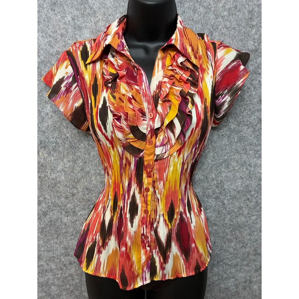 Artsy Maximalist Blouse Eclectic Retro Fall Size M Ruffled Collar Peplum Stretch